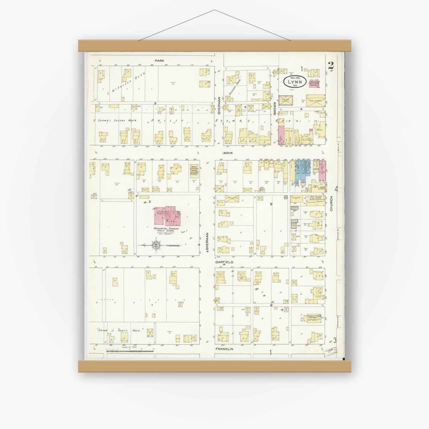 Old map wall art mockup — magnetic wood frame on white wall — Sanborn Fire Insurance Map from Lynn, Randolph County, Indiana (1912), Sheet #0002
