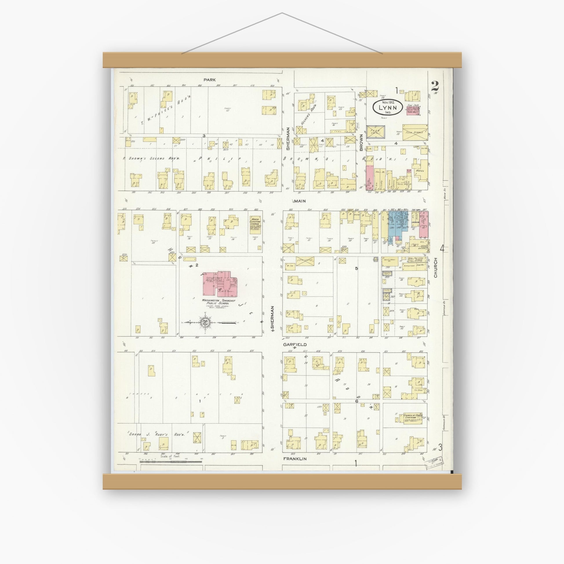Old map wall art mockup — magnetic wood frame on white wall — Sanborn Fire Insurance Map from Lynn, Randolph County, Indiana (1912), Sheet #0002