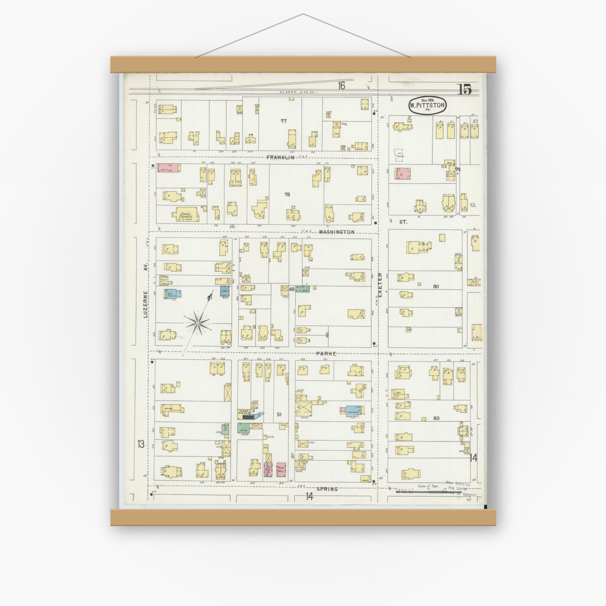 Old map wall art mockup — magnetic wood frame on white wall — Sanborn Fire Insurance Map from Pittston, Luzerne County, Pennsylvania (1896), Sheet #0015