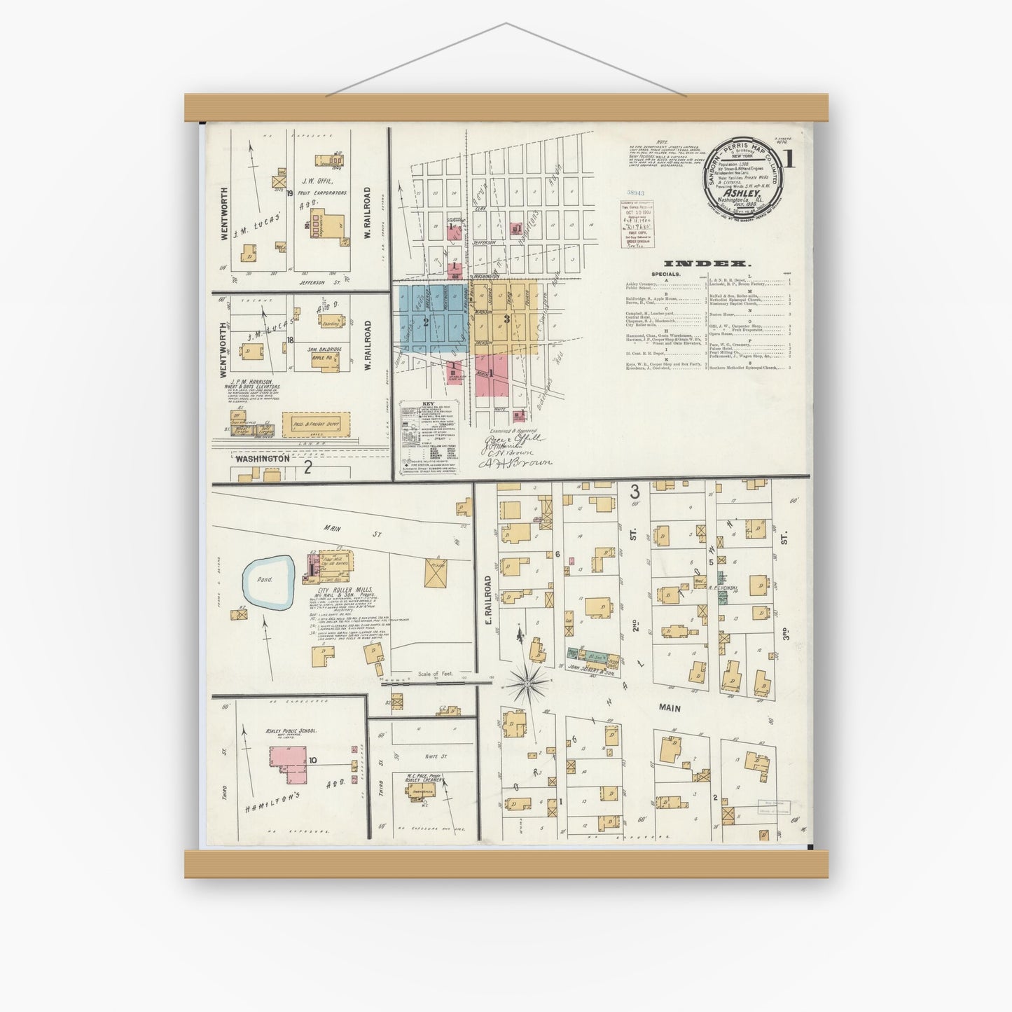 Old map wall art mockup — magnetic wood frame on white wall — Sanborn Fire Insurance Map from Ashley, Washington County, Illinois (1900) - Complete Map Set