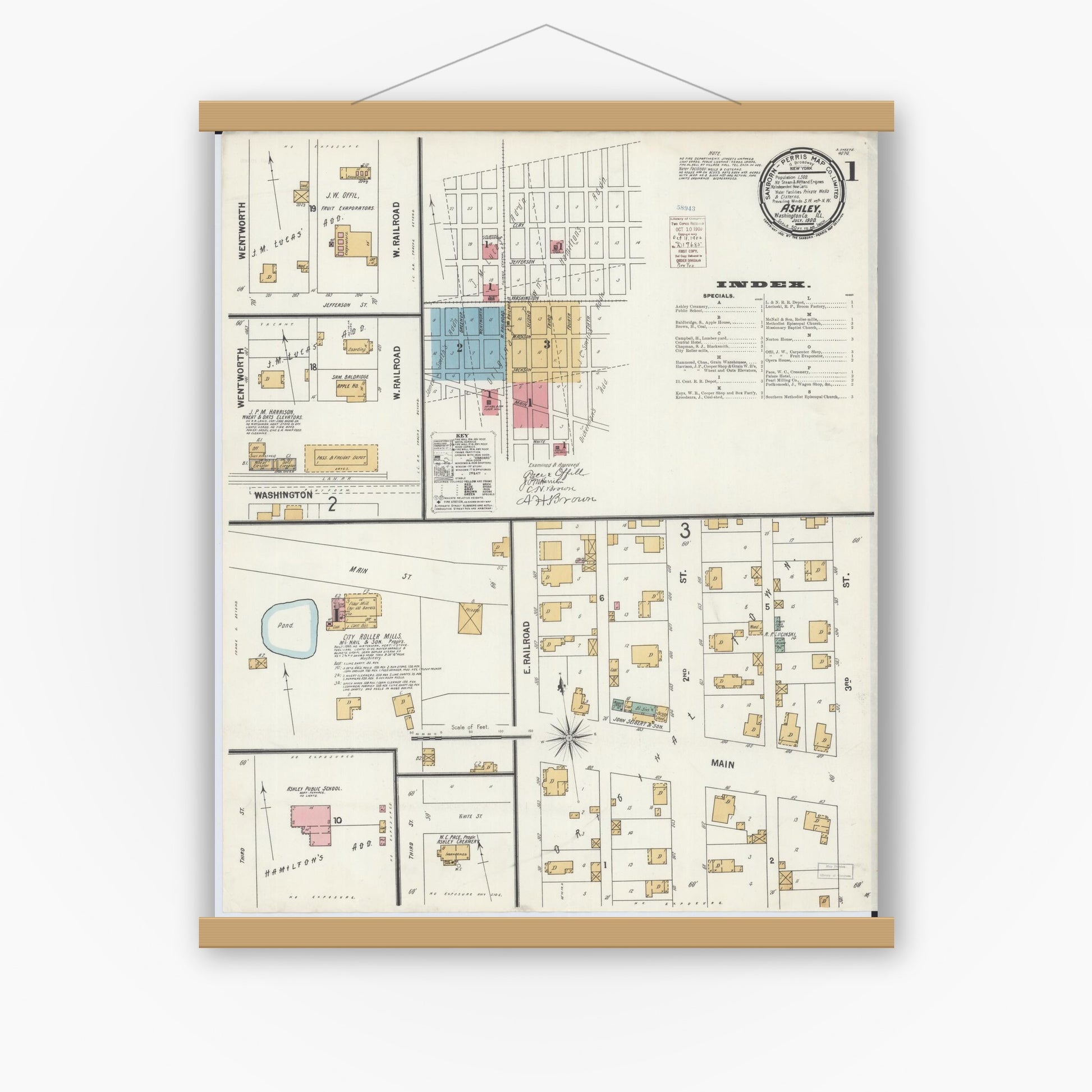 Old map wall art mockup — magnetic wood frame on white wall — Sanborn Fire Insurance Map from Ashley, Washington County, Illinois (1900) - Complete Map Set