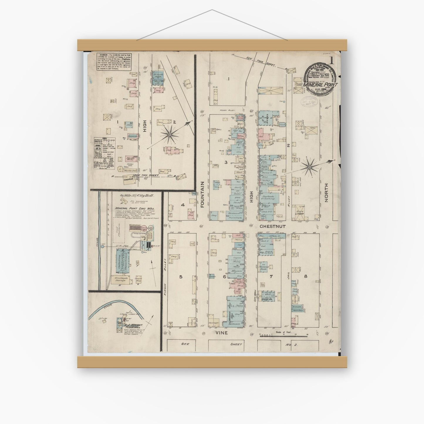 Old map wall art mockup — magnetic wood frame on white wall — Sanborn Fire Insurance Map from Mineral Point, Iowa County, Wisconsin (1884) - Complete Map Set