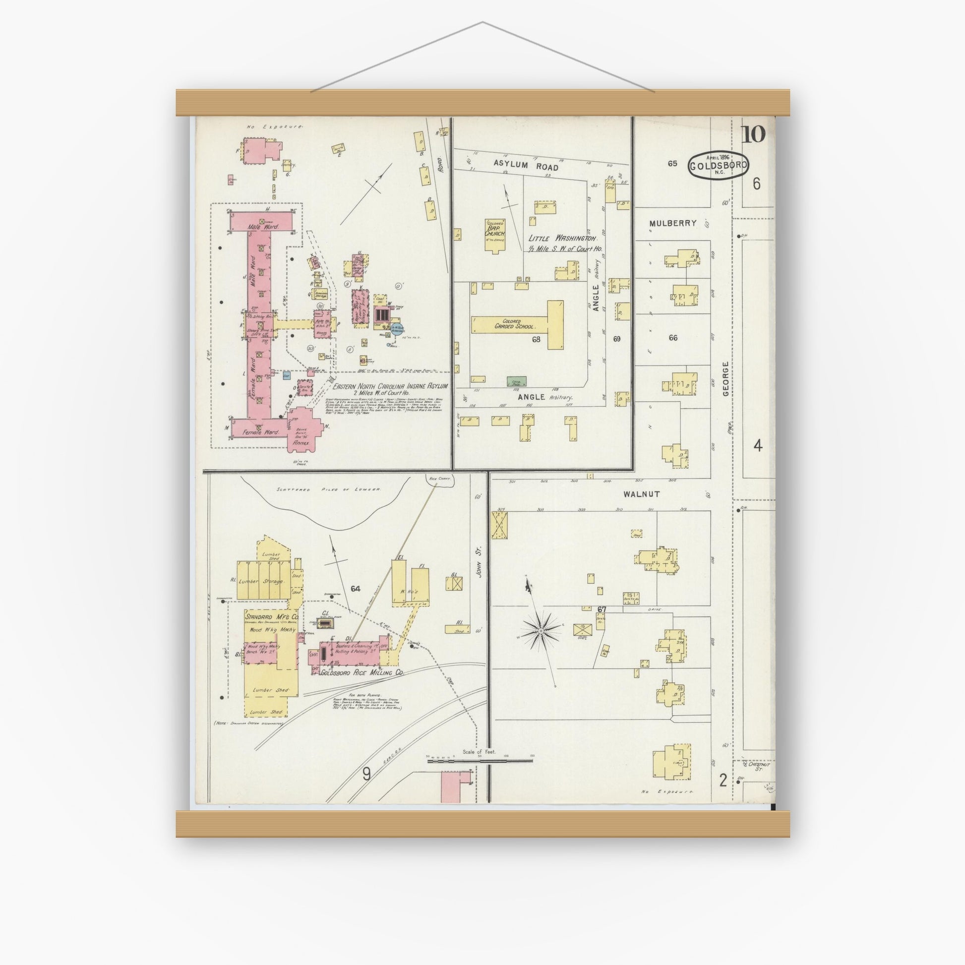 Old map wall art mockup — magnetic wood frame on white wall — Sanborn Fire Insurance Map from Goldsboro, Wayne County, North Carolina (1896), Sheet #0010