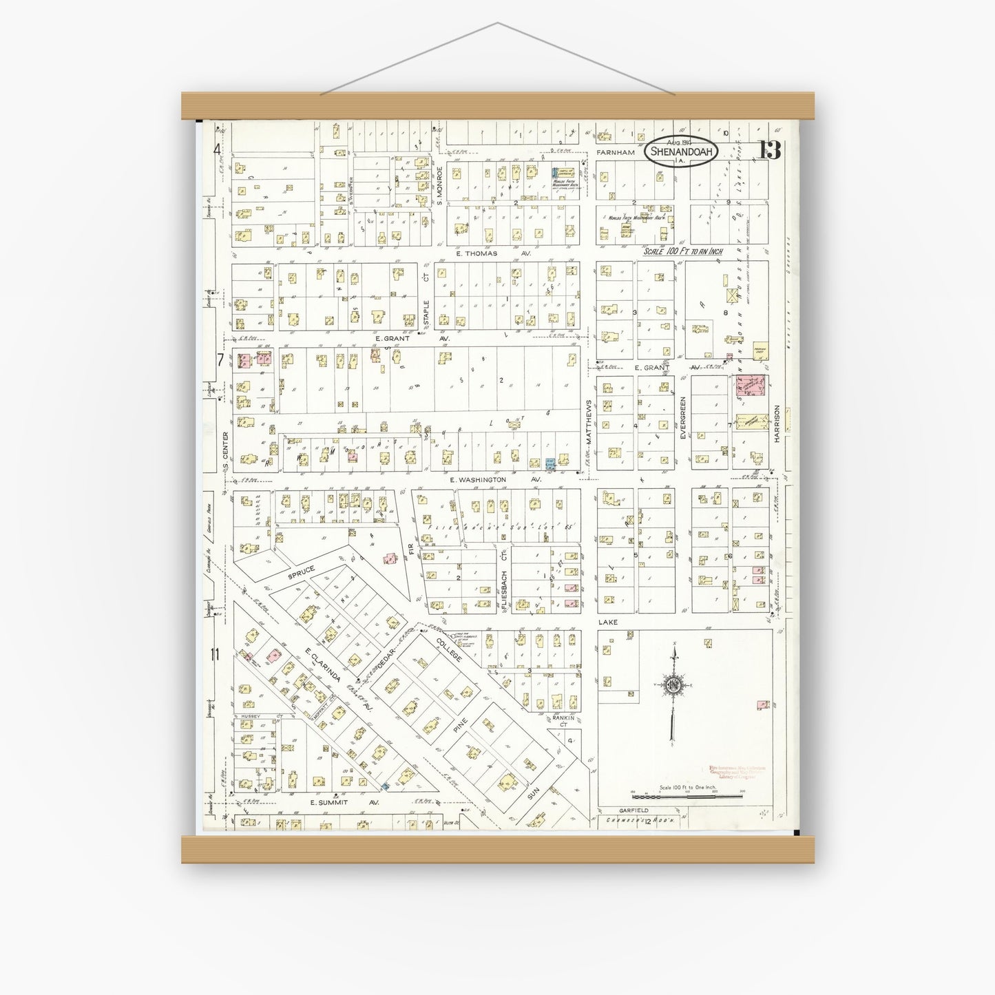 Old map wall art mockup — magnetic wood frame on white wall — Sanborn Fire Insurance Map from Shenandoah, Page County, Iowa (1914), Sheet #0013