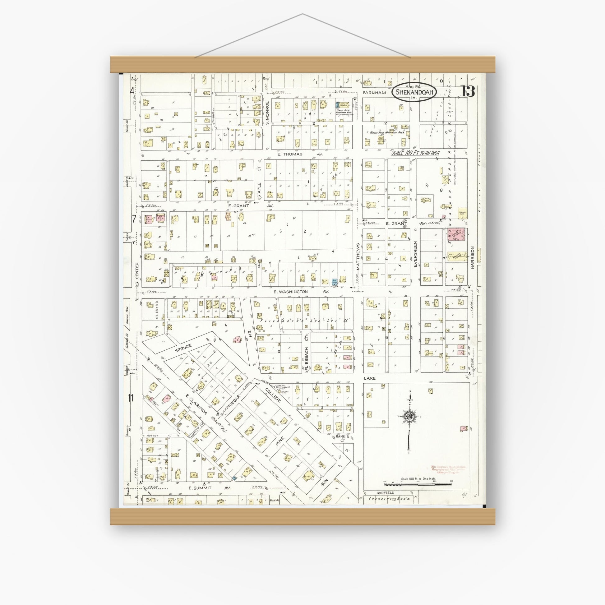 Old map wall art mockup — magnetic wood frame on white wall — Sanborn Fire Insurance Map from Shenandoah, Page County, Iowa (1914), Sheet #0013