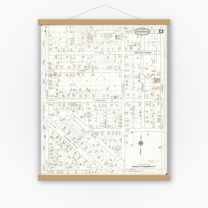 Old map wall art mockup — magnetic wood frame on white wall — Sanborn Fire Insurance Map from Shenandoah, Page County, Iowa (1914), Sheet #0013