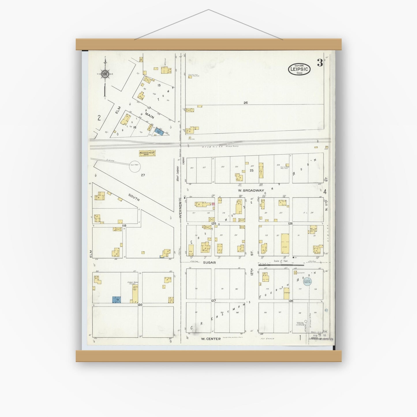 Old map wall art mockup — magnetic wood frame on white wall — Sanborn Fire Insurance Map from Leipsic, Putnam County, Ohio (1916), Sheet #0003