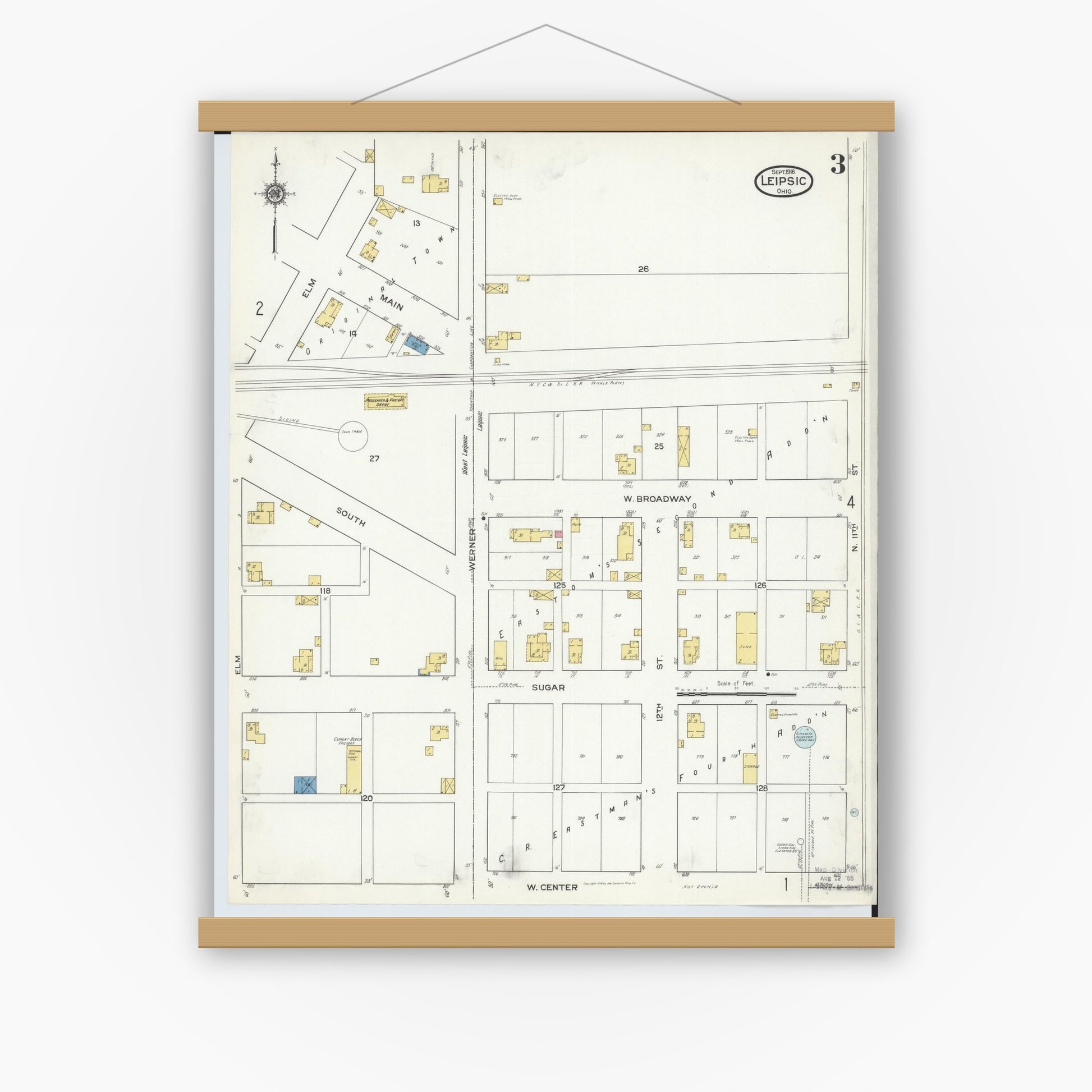 Old map wall art mockup — magnetic wood frame on white wall — Sanborn Fire Insurance Map from Leipsic, Putnam County, Ohio (1916), Sheet #0003