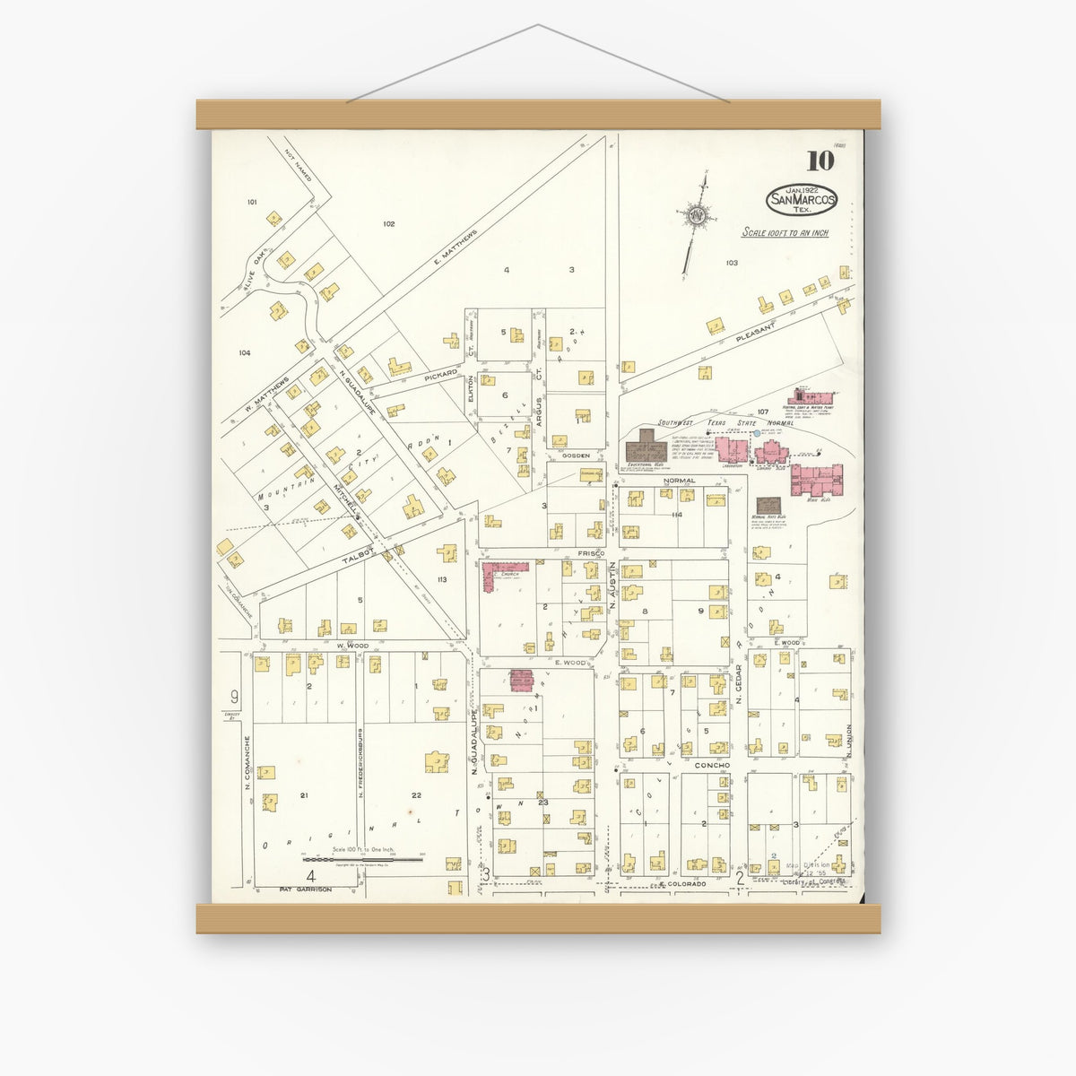 Old map wall art mockup — magnetic wood frame on white wall — Sanborn Fire Insurance Map from San Marcos, Hays County, Texas (1922), Sheet #0010