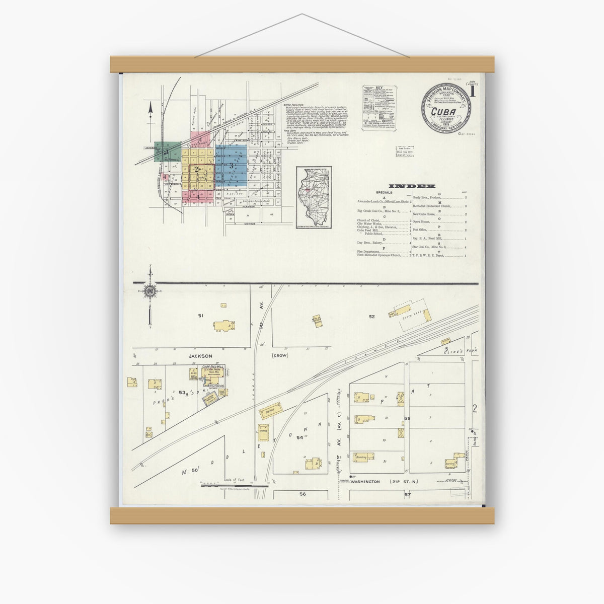 Old map wall art mockup — magnetic wood frame on white wall — Sanborn Fire Insurance Map from Cuba, Fulton County, Illinois (1919) - Complete Map Set