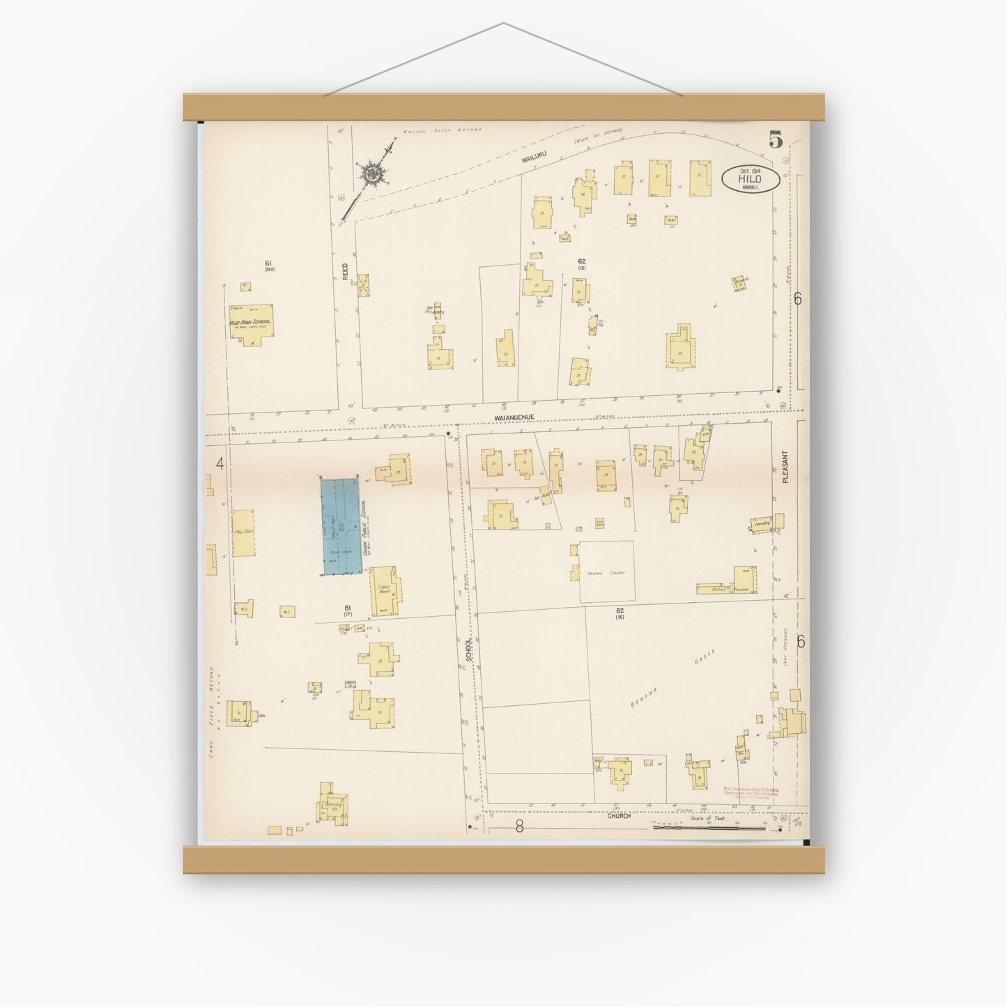 Old map wall art mockup — magnetic wood frame on white wall — Sanborn Fire Insurance Map from Hilo, Hawaii County, Hawaii (1914), Sheet #0005