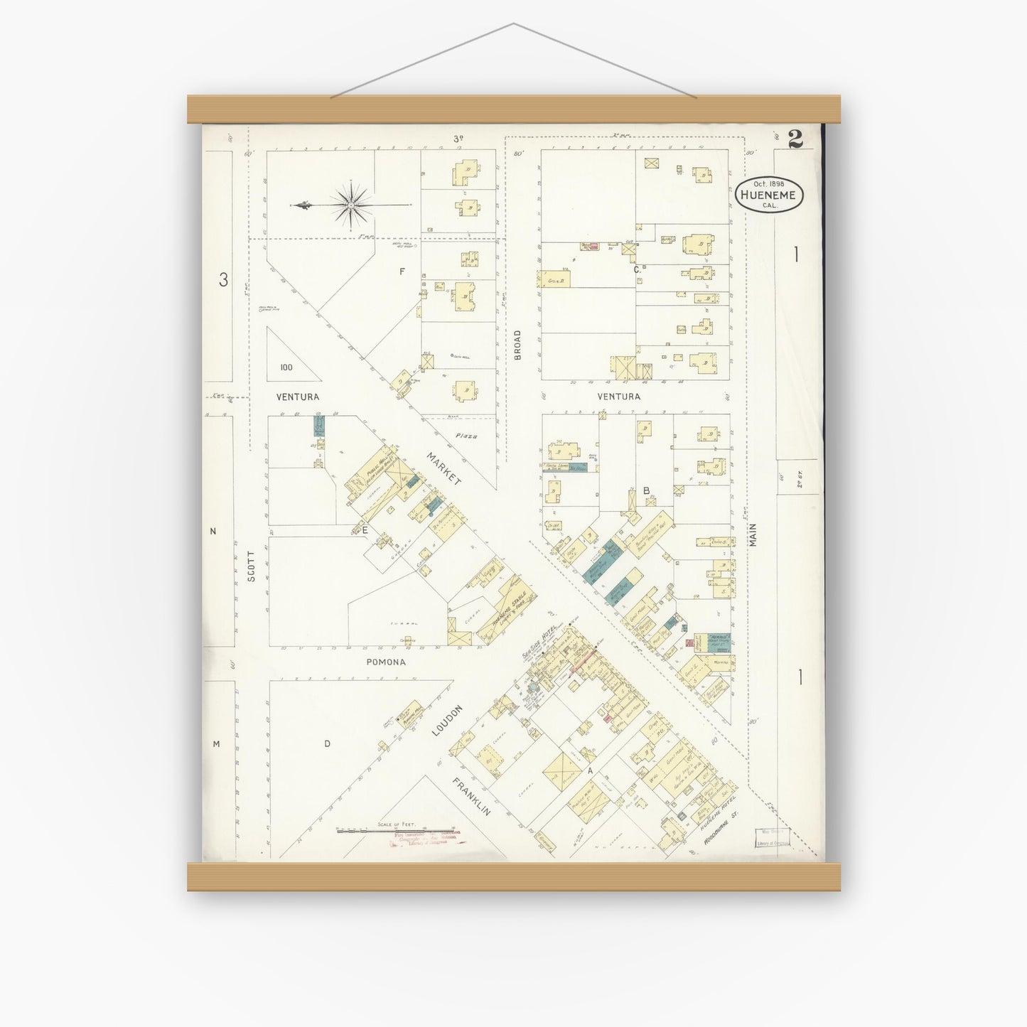 Old map wall art mockup — magnetic wood frame on white wall — Sanborn Fire Insurance Map from Hueneme, Ventura County, California (1898), Sheet #0002