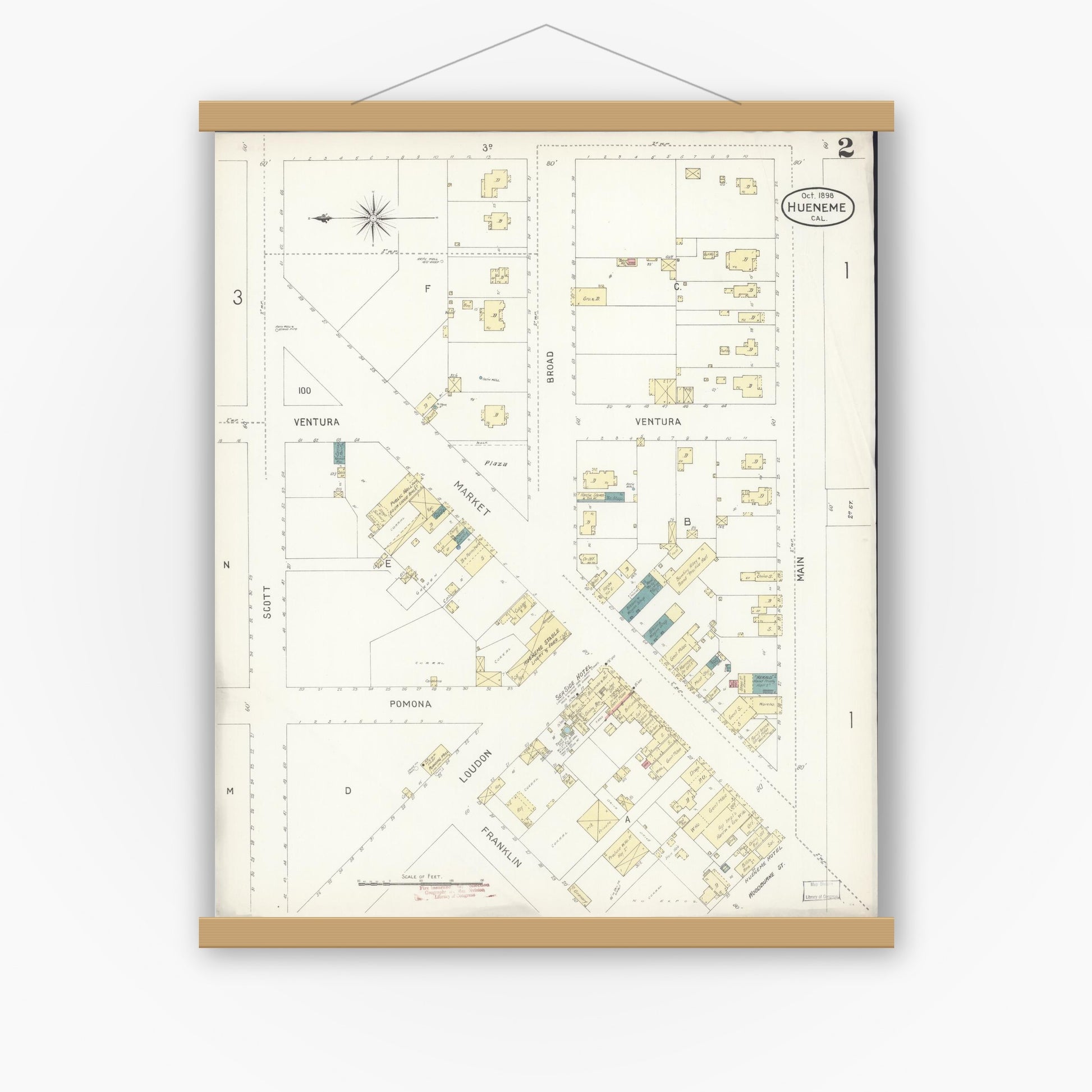 Old map wall art mockup — magnetic wood frame on white wall — Sanborn Fire Insurance Map from Hueneme, Ventura County, California (1898), Sheet #0002