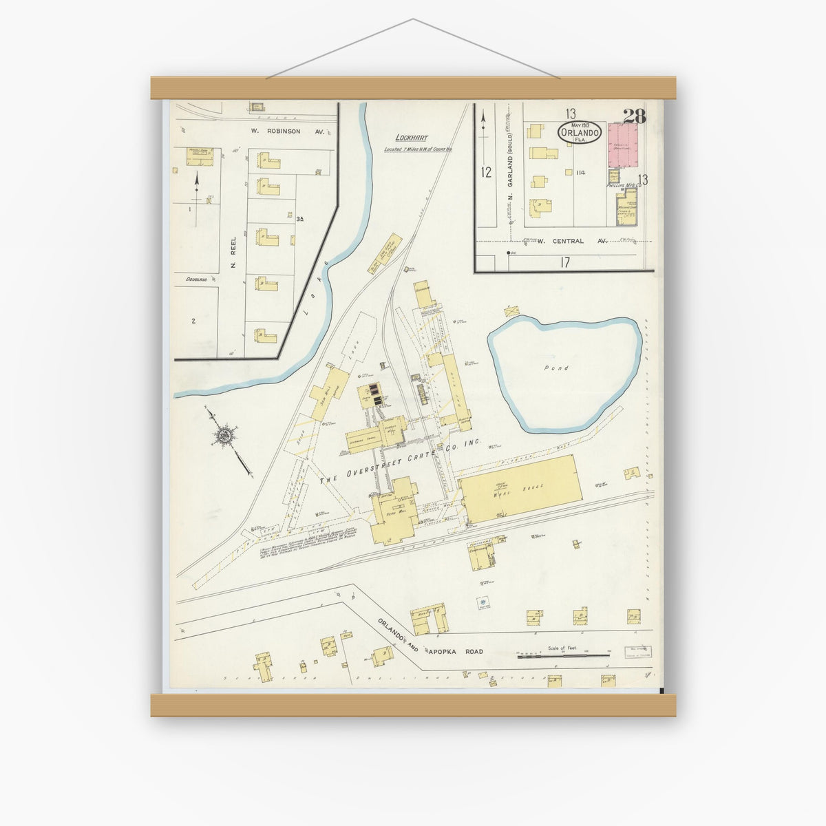 Old map wall art mockup — magnetic wood frame on white wall — Sanborn Fire Insurance Map from Orlando, Orange County, Florida (1913), Sheet #0028