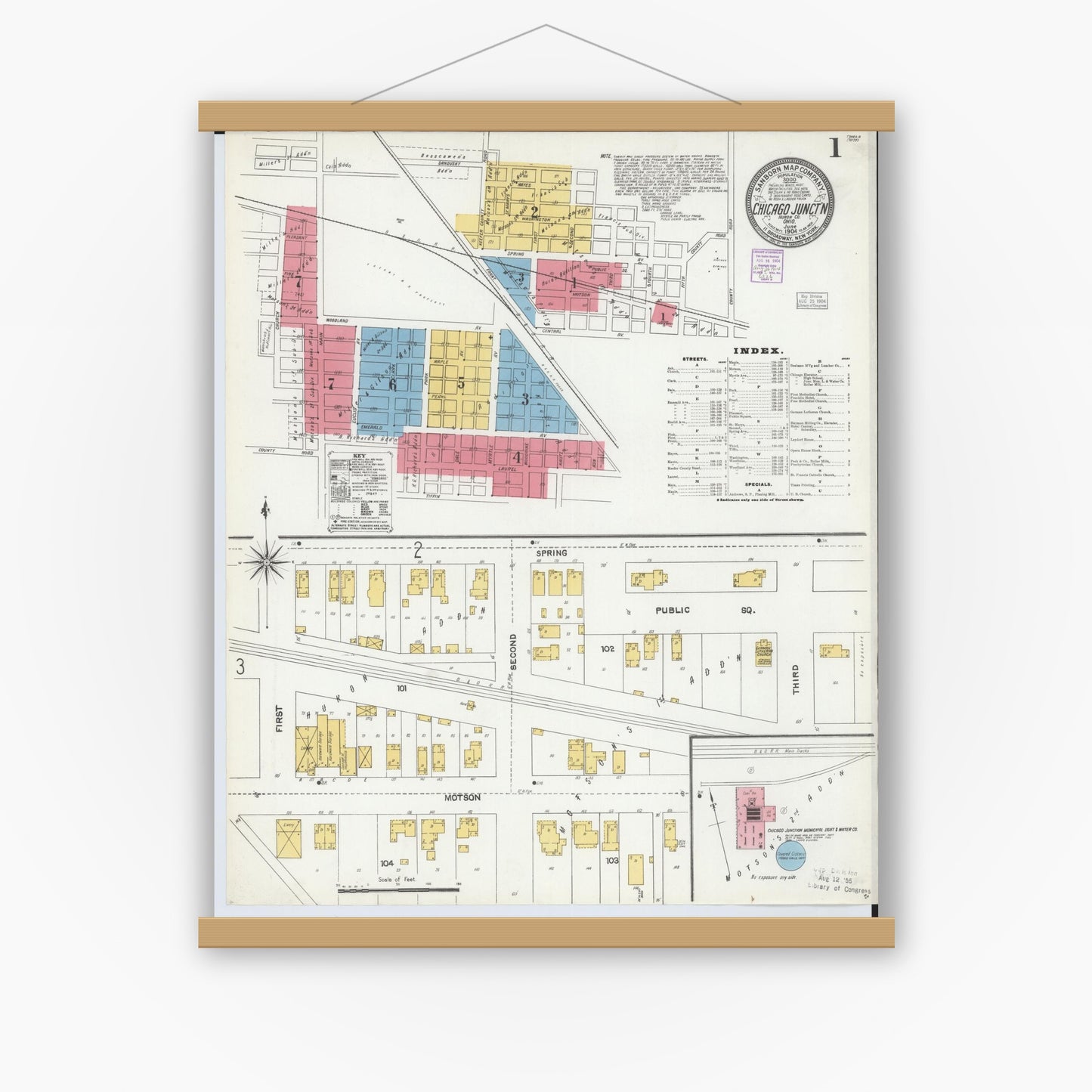 Old map wall art mockup — magnetic wood frame on white wall — Sanborn Fire Insurance Map from Chicago Junction, Huron County, Ohio (1904), Sheet #0001
