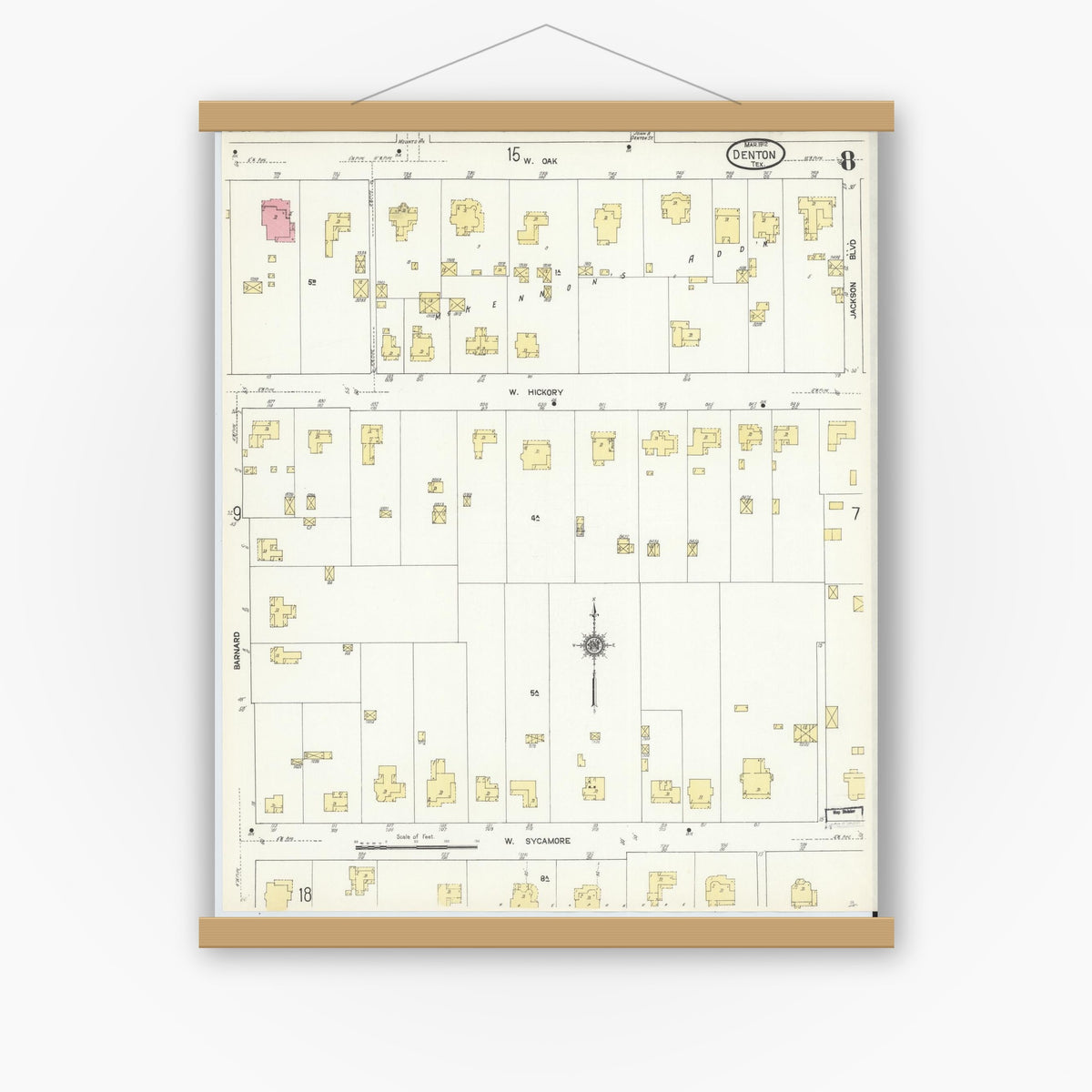 Old map wall art mockup — magnetic wood frame on white wall — Sanborn Fire Insurance Map from Denton, Denton County, Texas (1912), Sheet #0008