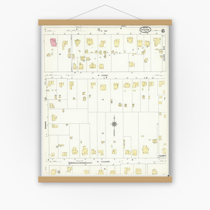 Old map wall art mockup — magnetic wood frame on white wall — Sanborn Fire Insurance Map from Denton, Denton County, Texas (1912), Sheet #0008