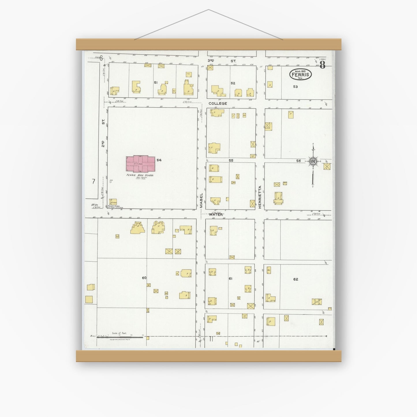 Old map wall art mockup — magnetic wood frame on white wall — Sanborn Fire Insurance Map from Ferris, Ellis County, Texas (1921), Sheet #0008