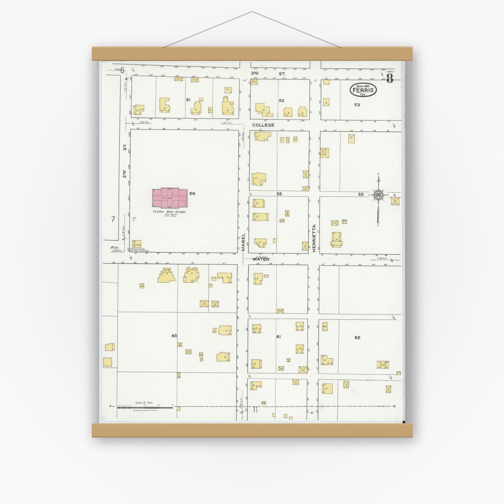 Old map wall art mockup — magnetic wood frame on white wall — Sanborn Fire Insurance Map from Ferris, Ellis County, Texas (1921), Sheet #0008