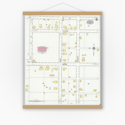 Old map wall art mockup — magnetic wood frame on white wall — Sanborn Fire Insurance Map from Ferris, Ellis County, Texas (1921), Sheet #0008