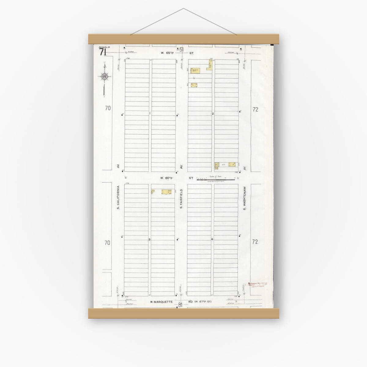 Old map wall art mockup — magnetic wood frame on white wall — Sanborn Fire Insurance Map from Chicago, Cook County, Illinois (1920), Sheet #0071