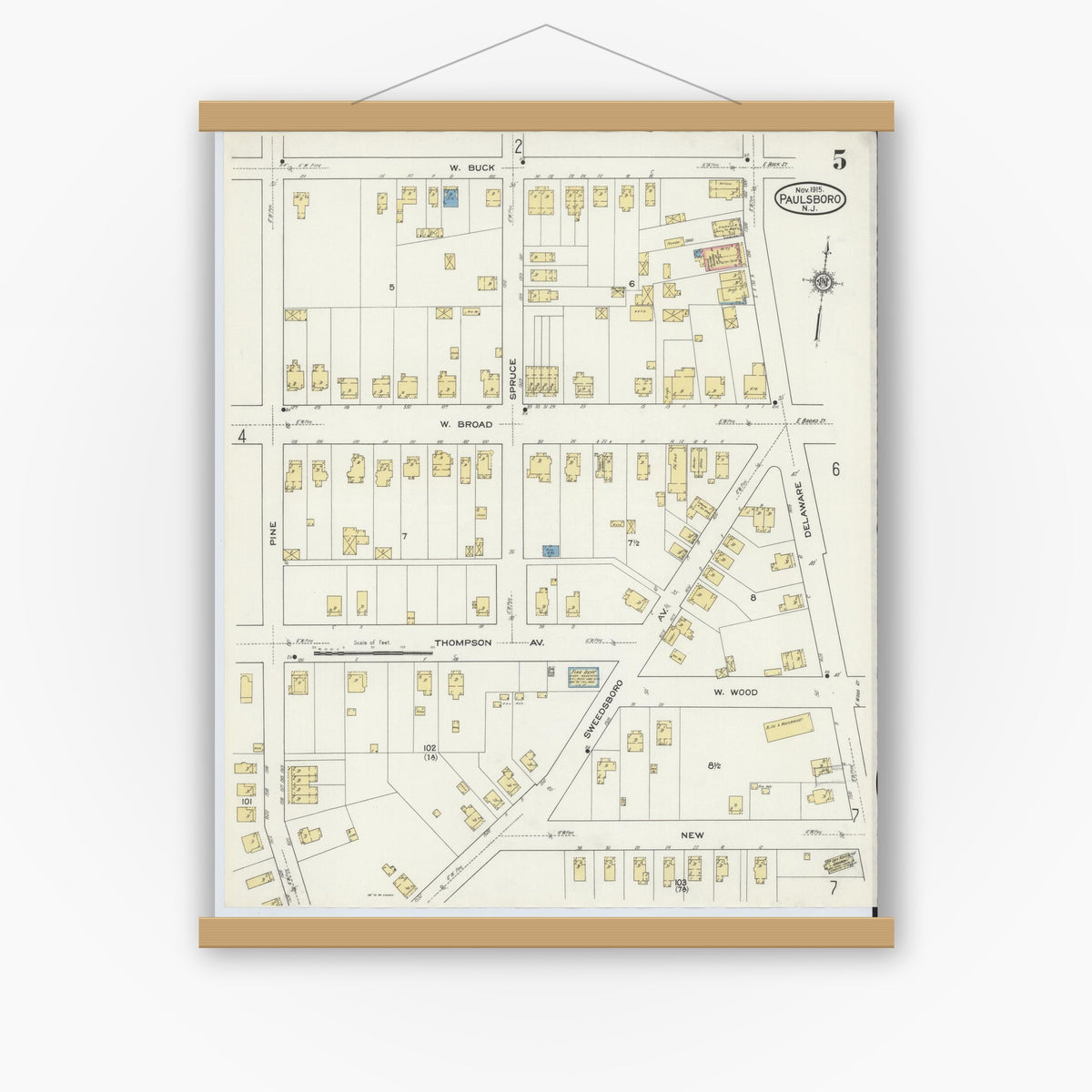 Old map wall art mockup — magnetic wood frame on white wall — Sanborn Fire Insurance Map from Paulsboro, Gloucester County, New Jersey (1915), Sheet #0005