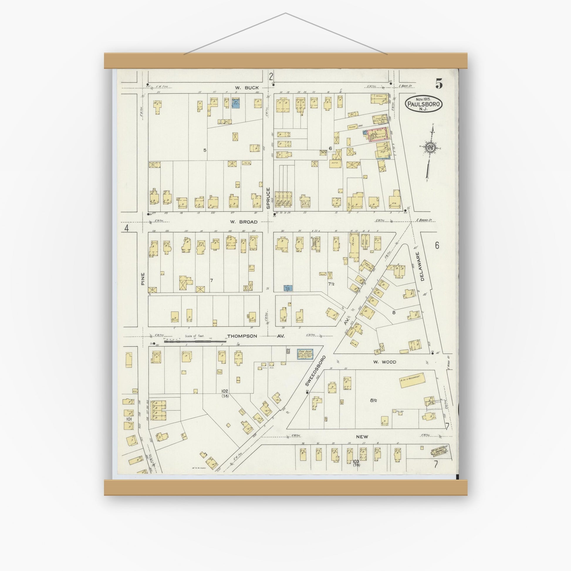 Old map wall art mockup — magnetic wood frame on white wall — Sanborn Fire Insurance Map from Paulsboro, Gloucester County, New Jersey (1915), Sheet #0005