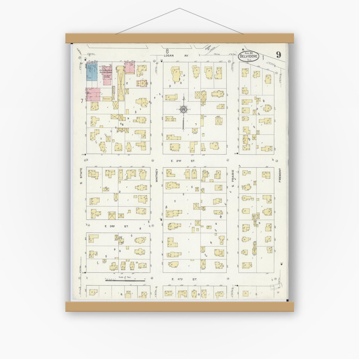 Old map wall art mockup — magnetic wood frame on white wall — Sanborn Fire Insurance Map from Belvidere, Boone County, Illinois (1912), Sheet #0009