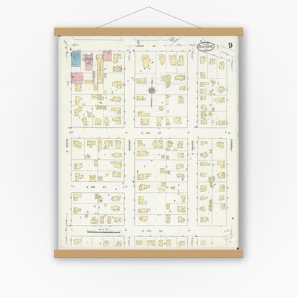 Old map wall art mockup — magnetic wood frame on white wall — Sanborn Fire Insurance Map from Belvidere, Boone County, Illinois (1912), Sheet #0009