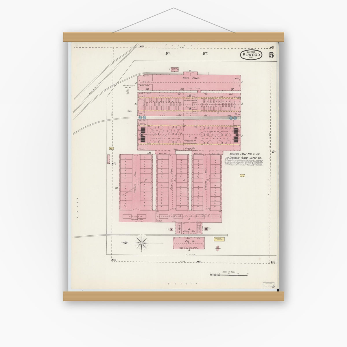 Old map wall art mockup — magnetic wood frame on white wall — Sanborn Fire Insurance Map from Elwood, Madison County, Indiana (1892), Sheet #0005