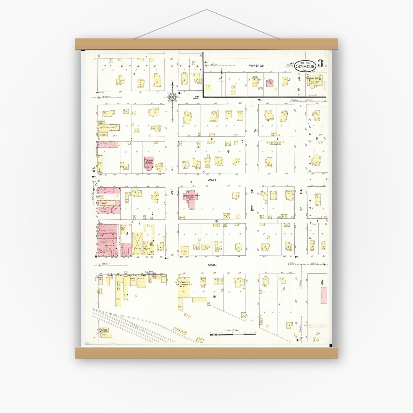 Old map wall art mockup — magnetic wood frame on white wall — Sanborn Fire Insurance Map from Seymour, Wayne County, Iowa (1913), Sheet #0003