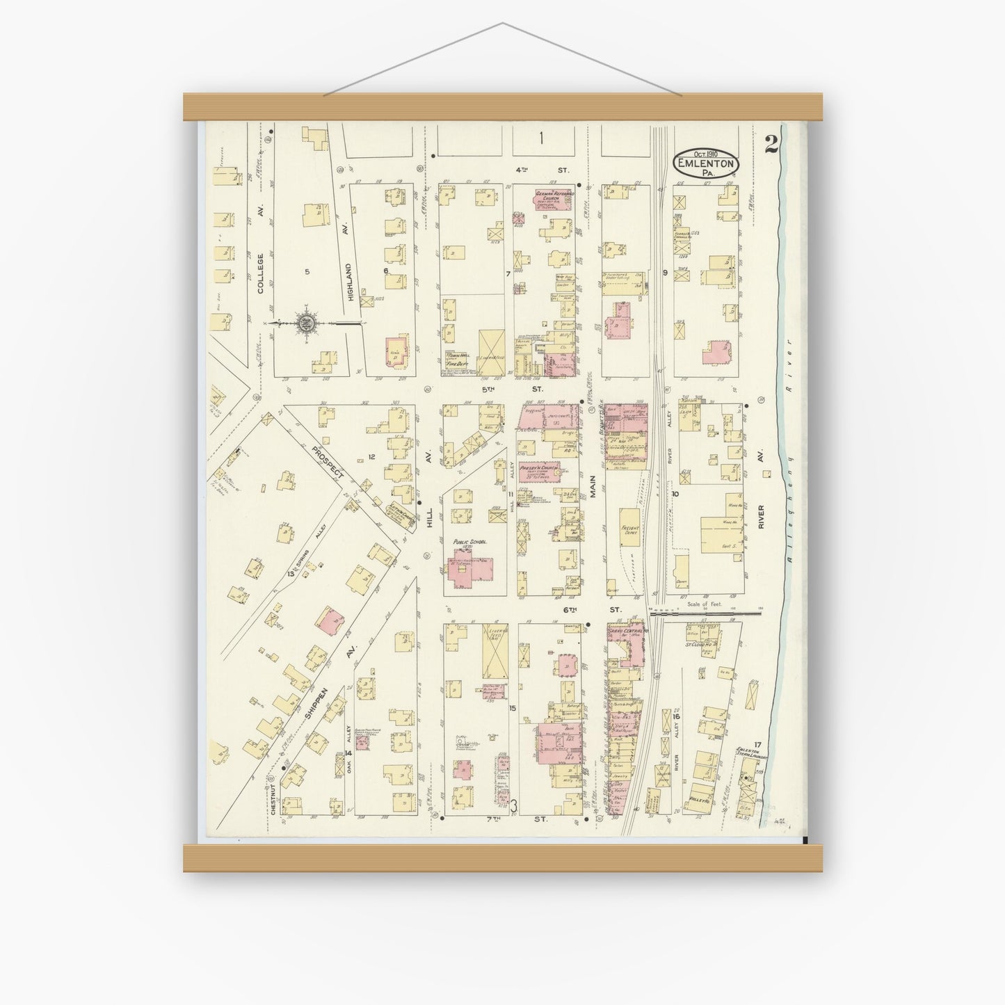 Old map wall art mockup — magnetic wood frame on white wall — Sanborn Fire Insurance Map from Emlenton, Venango County, Pennsylvania (1910), Sheet #0002