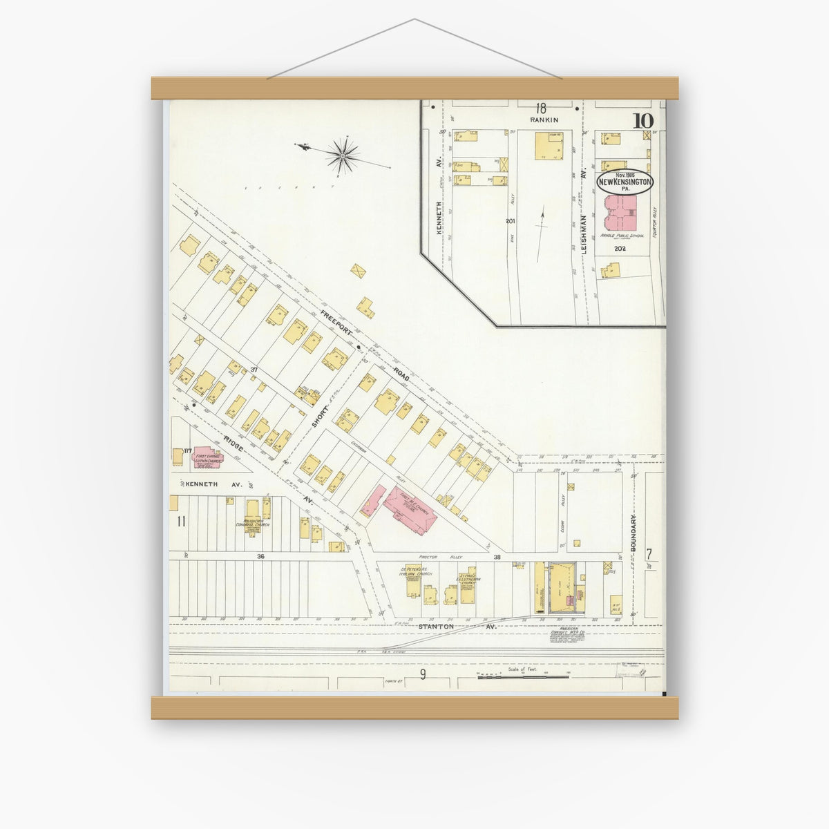 Old map wall art mockup — magnetic wood frame on white wall — Sanborn Fire Insurance Map from New Kensington, Westmoreland County, Pennsylvania (1905), Sheet #0010