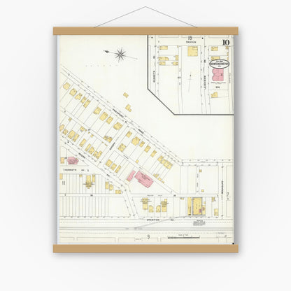 Old map wall art mockup — magnetic wood frame on white wall — Sanborn Fire Insurance Map from New Kensington, Westmoreland County, Pennsylvania (1905), Sheet #0010