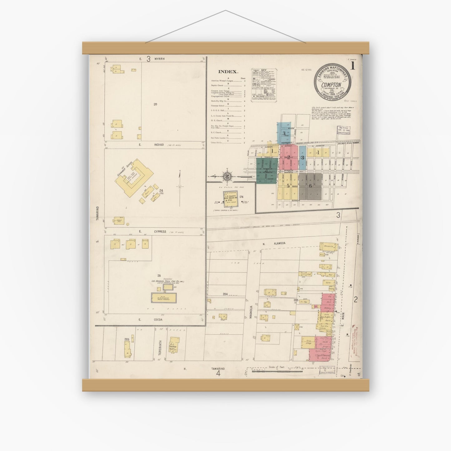 Old map wall art mockup — magnetic wood frame on white wall — Sanborn Fire Insurance Map from Compton, Los Angeles County, California (1916) - Complete Map Set