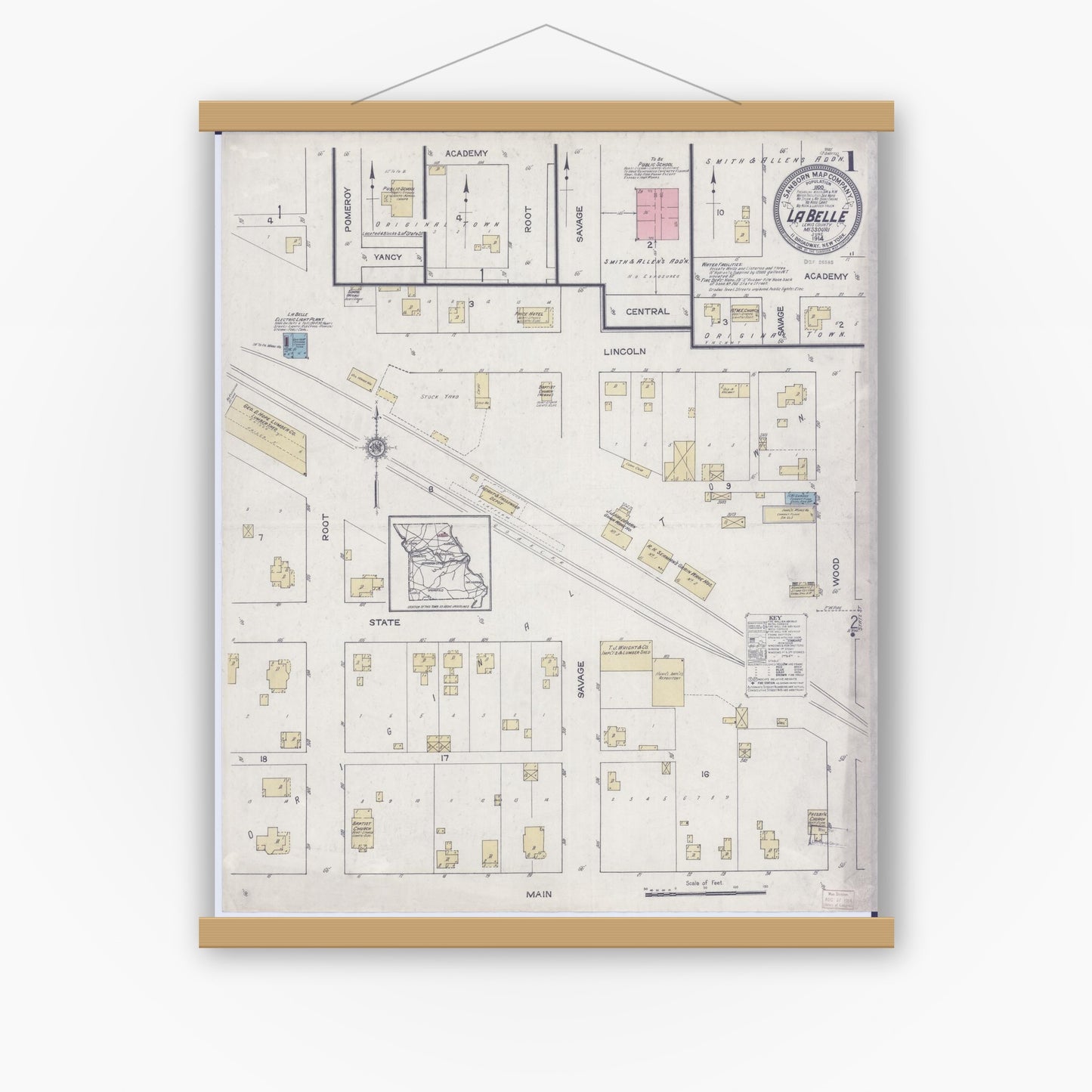Old map wall art mockup — magnetic wood frame on white wall — Sanborn Fire Insurance Map from La Belle, Lewis County, Missouri (1914), Sheet #0001