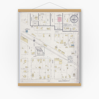 Old map wall art mockup — magnetic wood frame on white wall — Sanborn Fire Insurance Map from La Belle, Lewis County, Missouri (1914), Sheet #0001