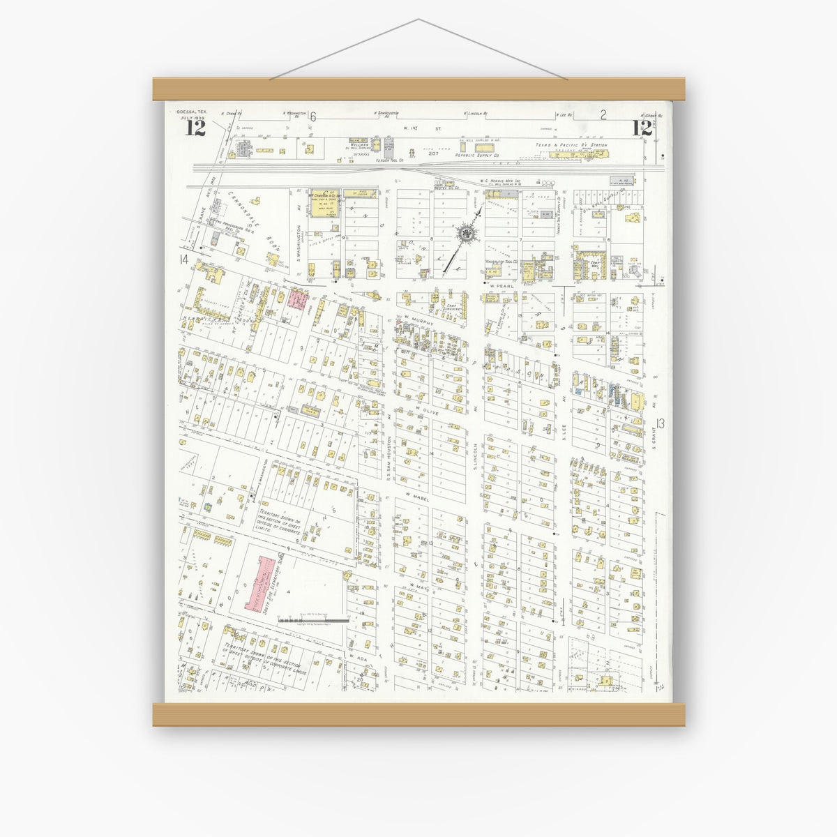 Old map wall art mockup — magnetic wood frame on white wall — Sanborn Fire Insurance Map from Odessa, Edger County, Texas (1939), Sheet #0012