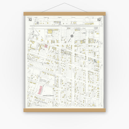 Old map wall art mockup — magnetic wood frame on white wall — Sanborn Fire Insurance Map from Odessa, Edger County, Texas (1939), Sheet #0012