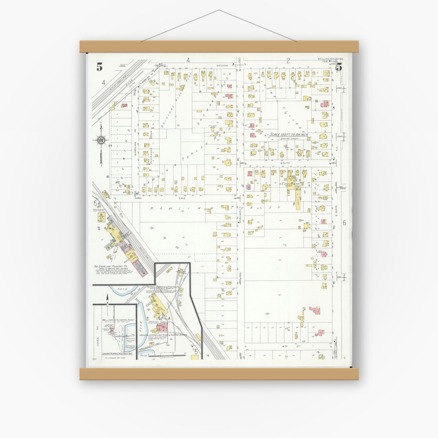 Old map wall art mockup — magnetic wood frame on white wall — Sanborn Fire Insurance Map from Wellington, Lorain County, Ohio (1933), Sheet #0005