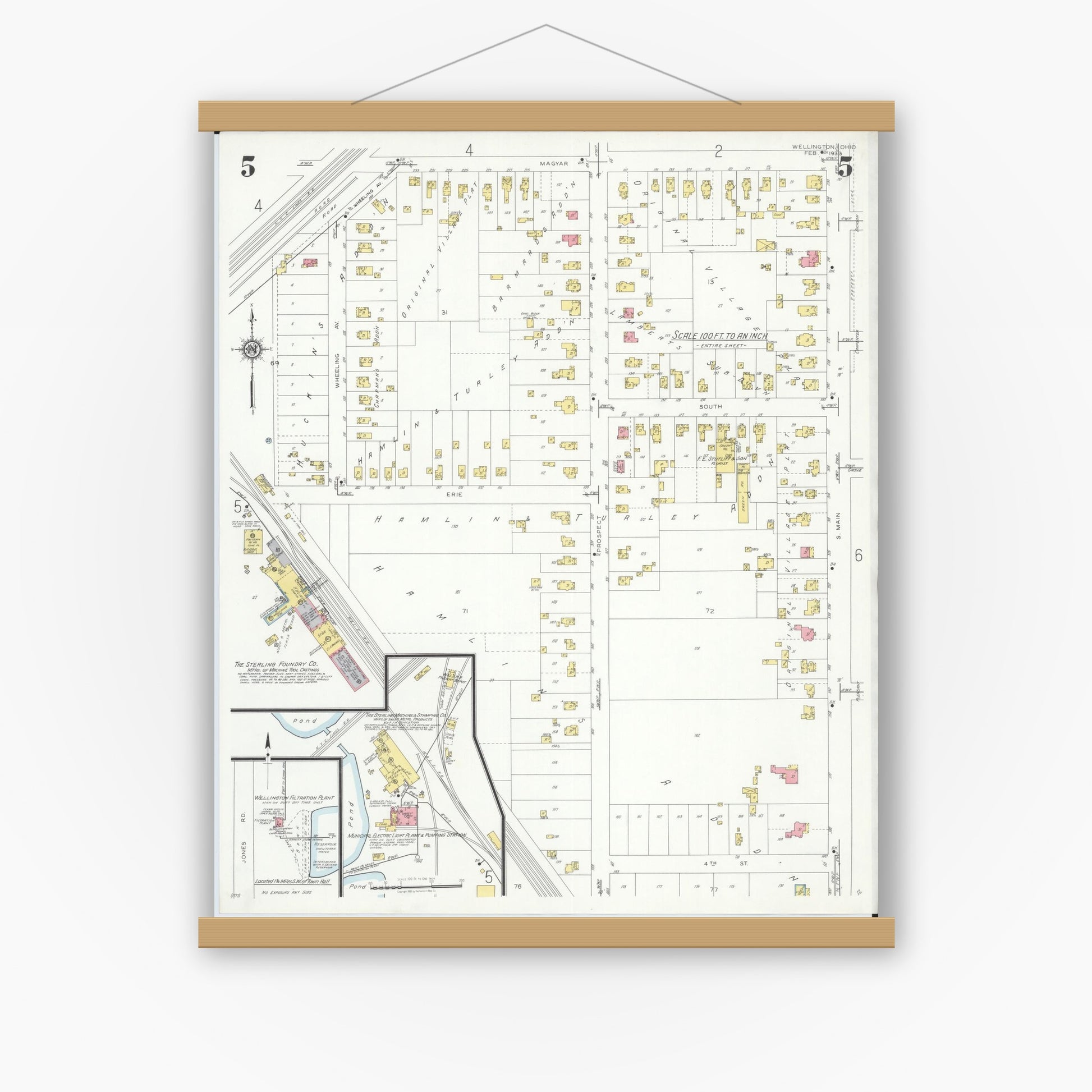 Old map wall art mockup — magnetic wood frame on white wall — Sanborn Fire Insurance Map from Wellington, Lorain County, Ohio (1933), Sheet #0005