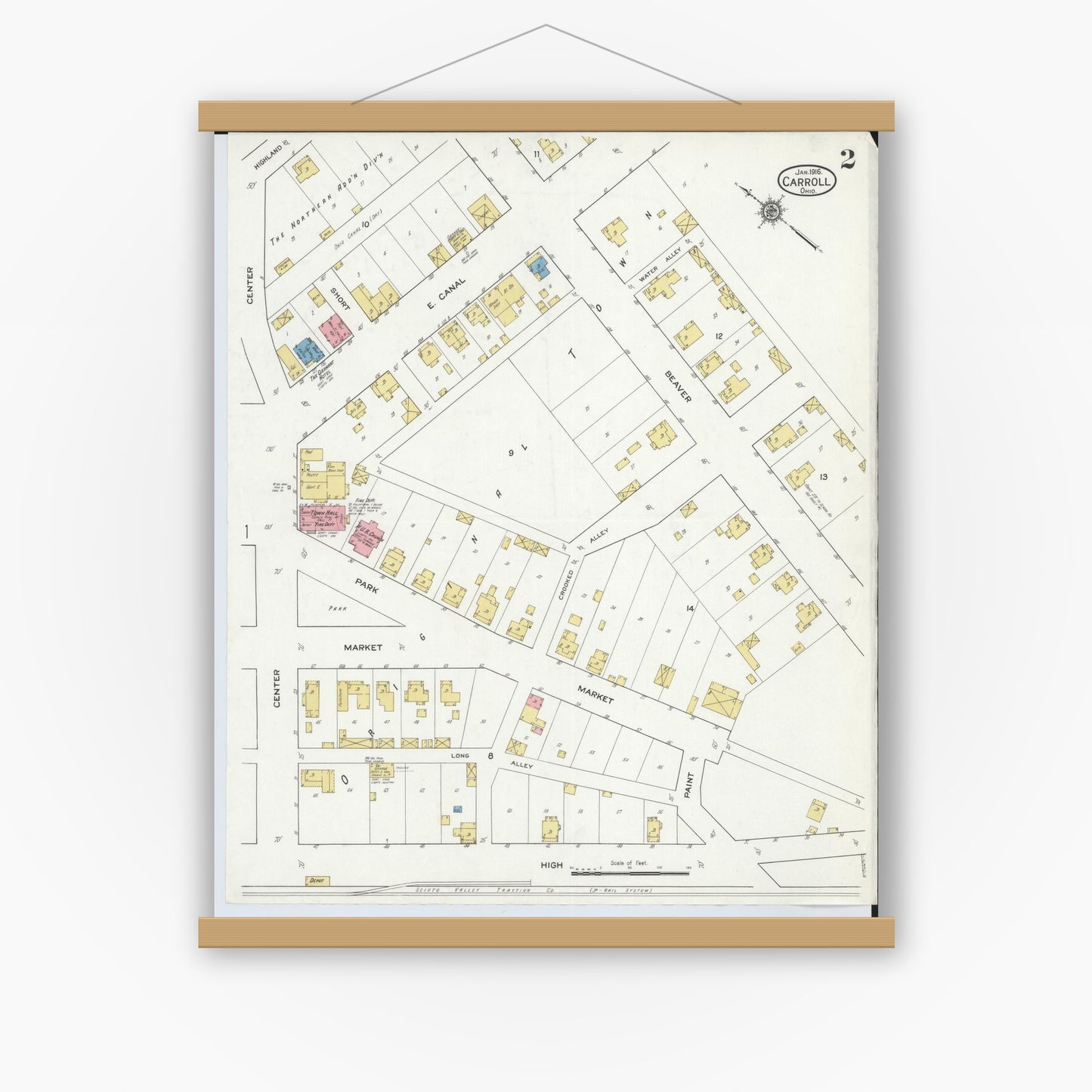 Old map wall art mockup — magnetic wood frame on white wall — Sanborn Fire Insurance Map from Carroll, Fairfield County, Ohio (1916), Sheet #0002