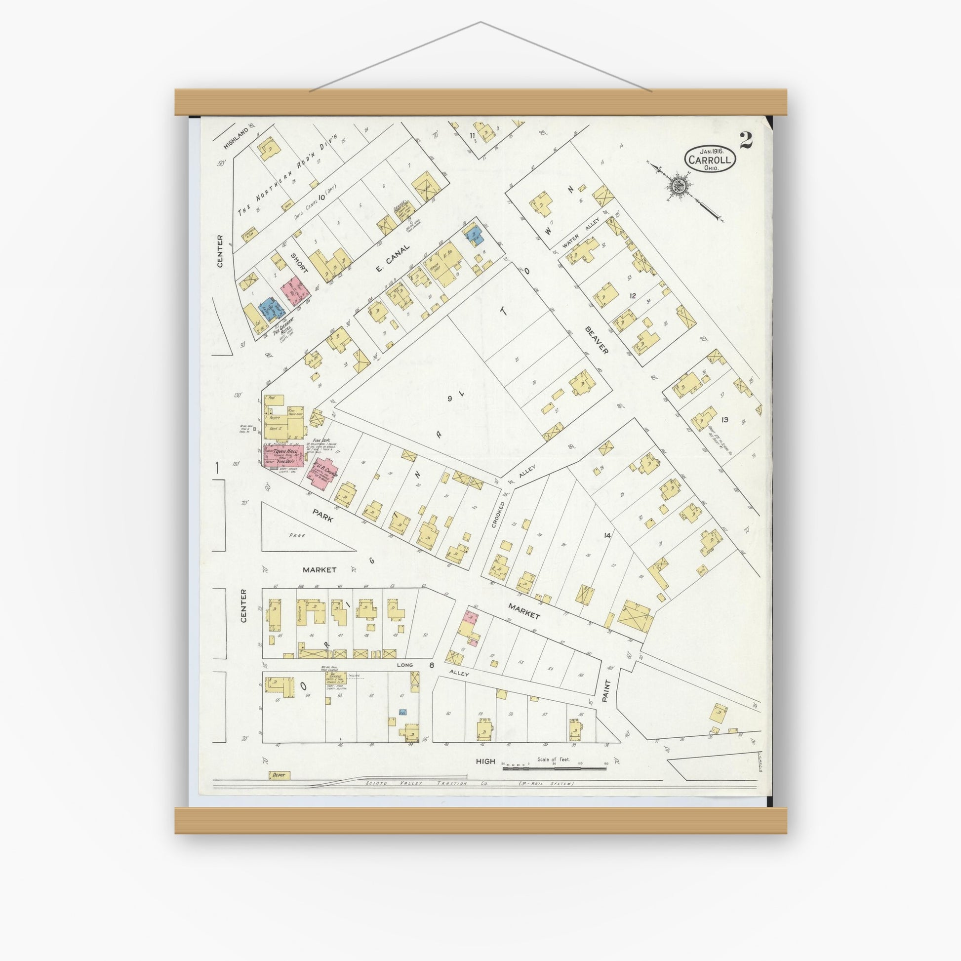Old map wall art mockup — magnetic wood frame on white wall — Sanborn Fire Insurance Map from Carroll, Fairfield County, Ohio (1916), Sheet #0002