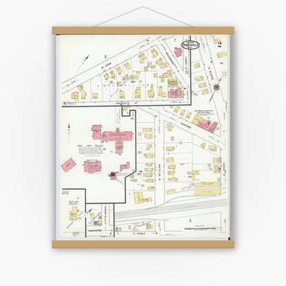 Old map wall art mockup — magnetic wood frame on white wall — Sanborn Fire Insurance Map from Painesville, Lake County, Ohio (1919), Sheet #0002