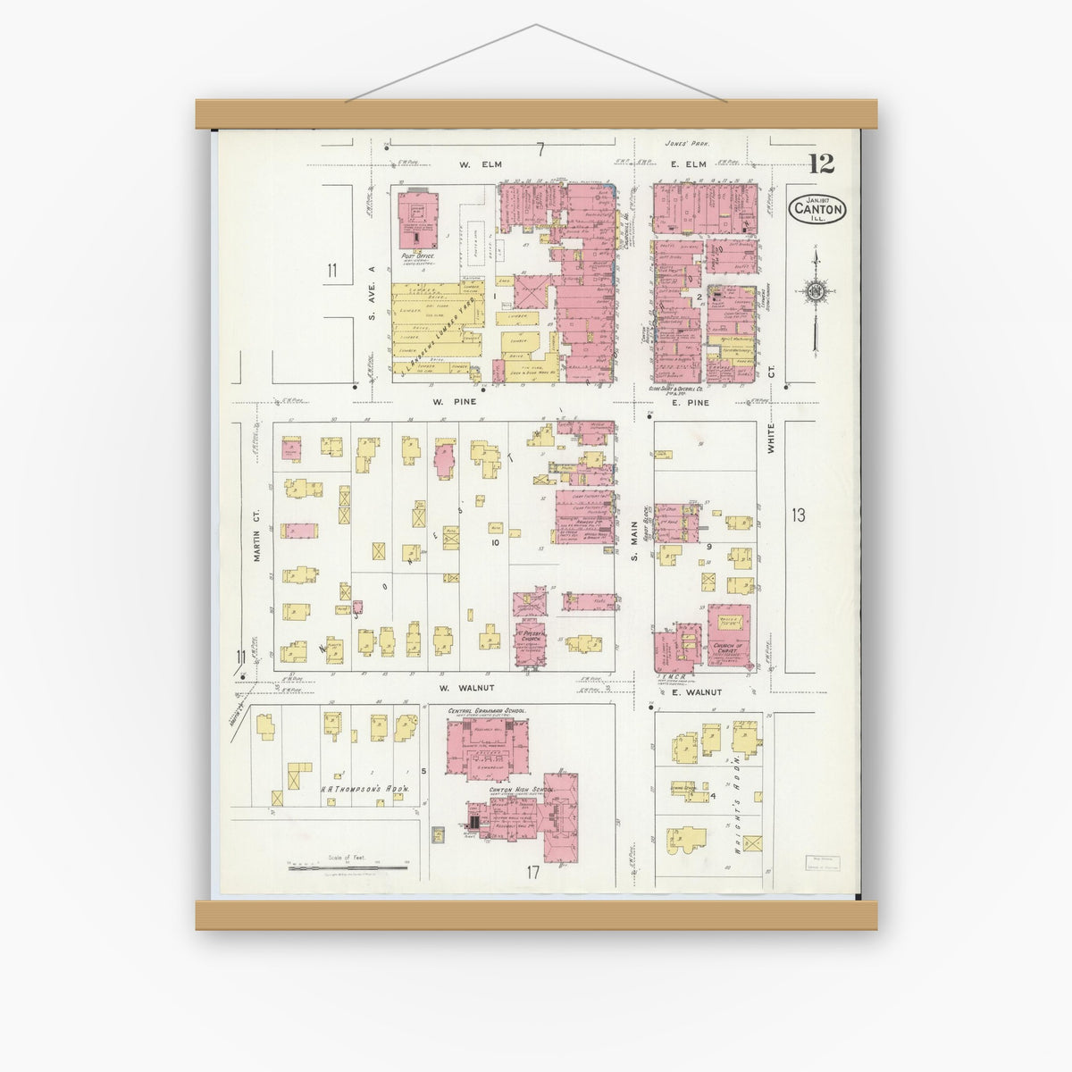 Old map wall art mockup — magnetic wood frame on white wall — Sanborn Fire Insurance Map from Canton, Fulton County, Illinois (1917), Sheet #0012