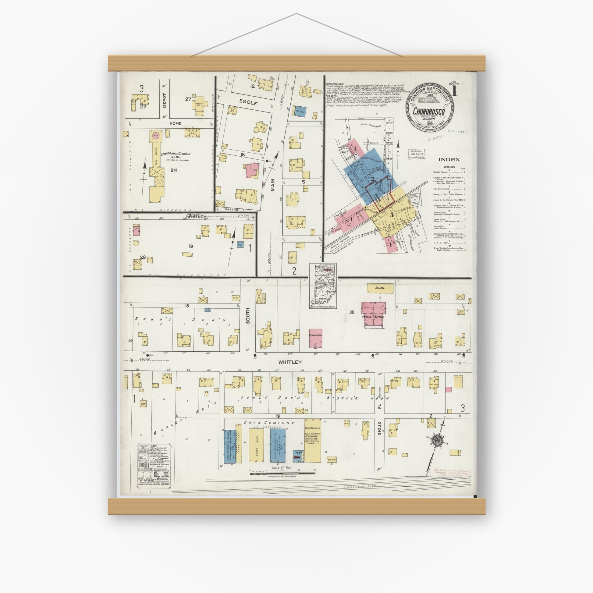 Old map wall art mockup — magnetic wood frame on white wall — Sanborn Fire Insurance Map from Churubusco, Whitley County, Indiana (1919) - Complete Map Set