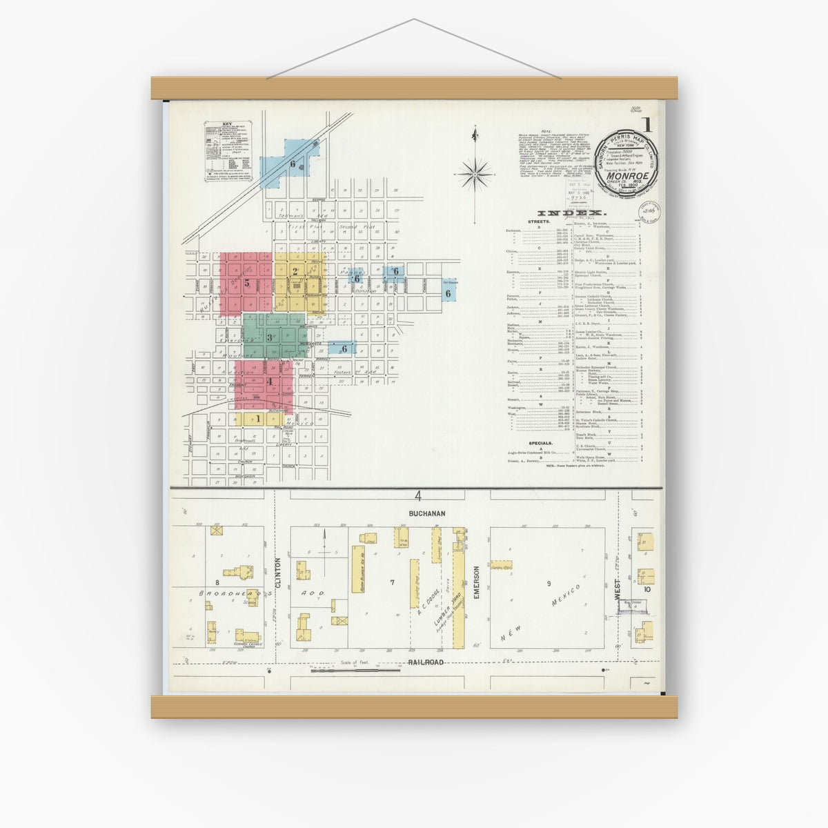 Old map wall art mockup — magnetic wood frame on white wall — Sanborn Fire Insurance Map from Monroe, Green County, Wisconsin (1900) - Complete Map Set