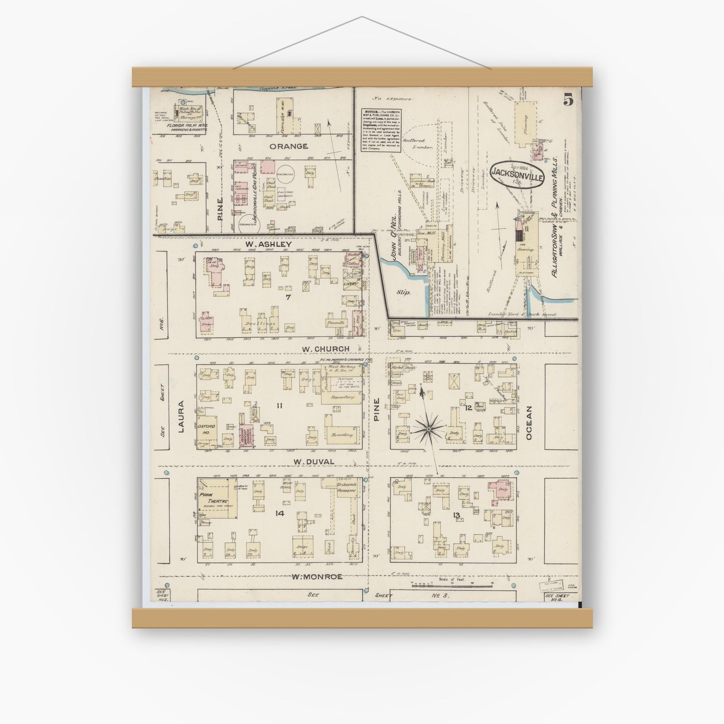 Old map wall art mockup — magnetic wood frame on white wall — Sanborn Fire Insurance Map from Jacksonville, Duval County, Florida (1884), Sheet #0005