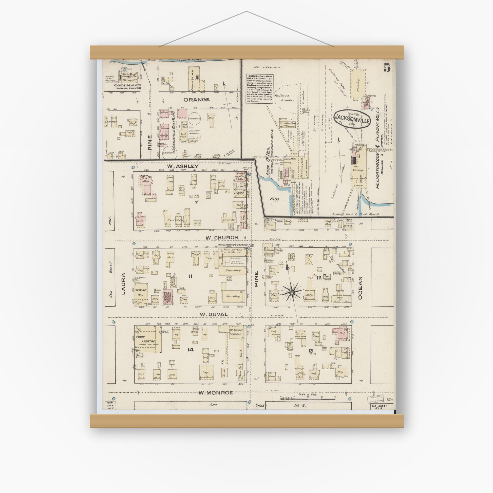 Old map wall art mockup — magnetic wood frame on white wall — Sanborn Fire Insurance Map from Jacksonville, Duval County, Florida (1884), Sheet #0005