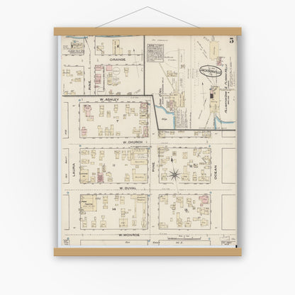 Old map wall art mockup — magnetic wood frame on white wall — Sanborn Fire Insurance Map from Jacksonville, Duval County, Florida (1884), Sheet #0005